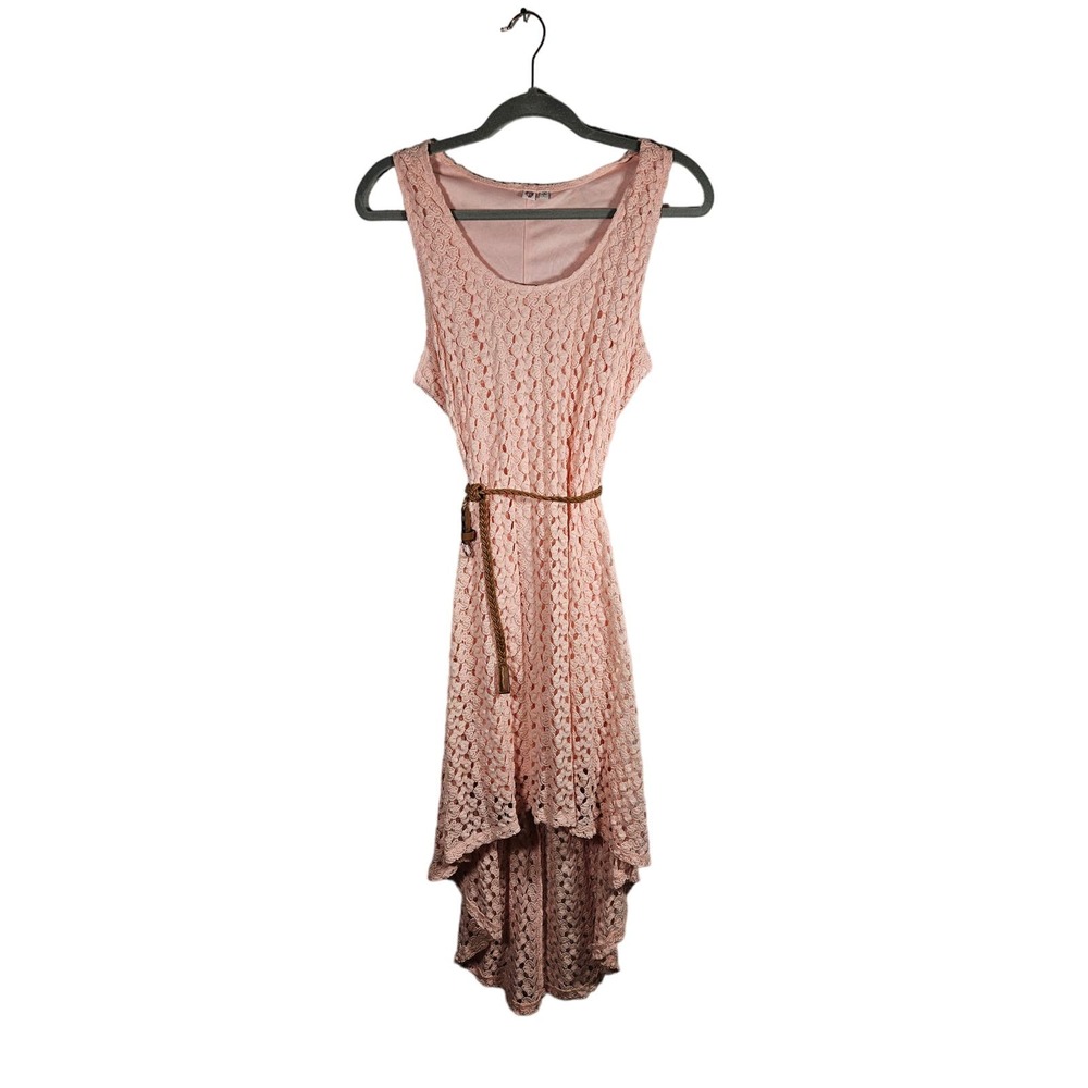 AUW Women's Blush Pink Crochet Sleeveless High Low Dress‎ Brown Belt Size Large